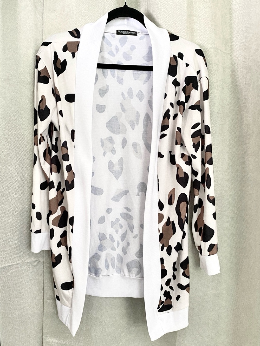 Floral Blooming Leopard Print Open Front Cardigan Size Medium White Brown